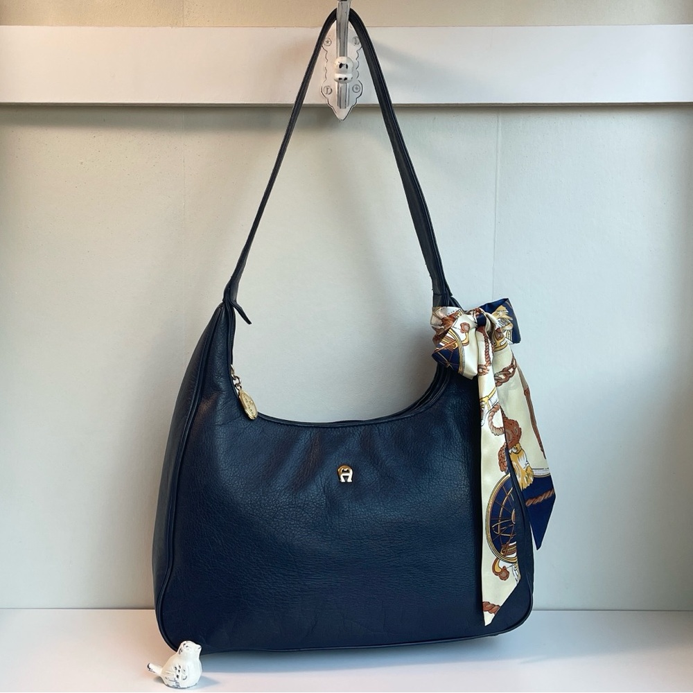 Etienne Aigner Navy Genuine Leather Hobo Shoulder Bag